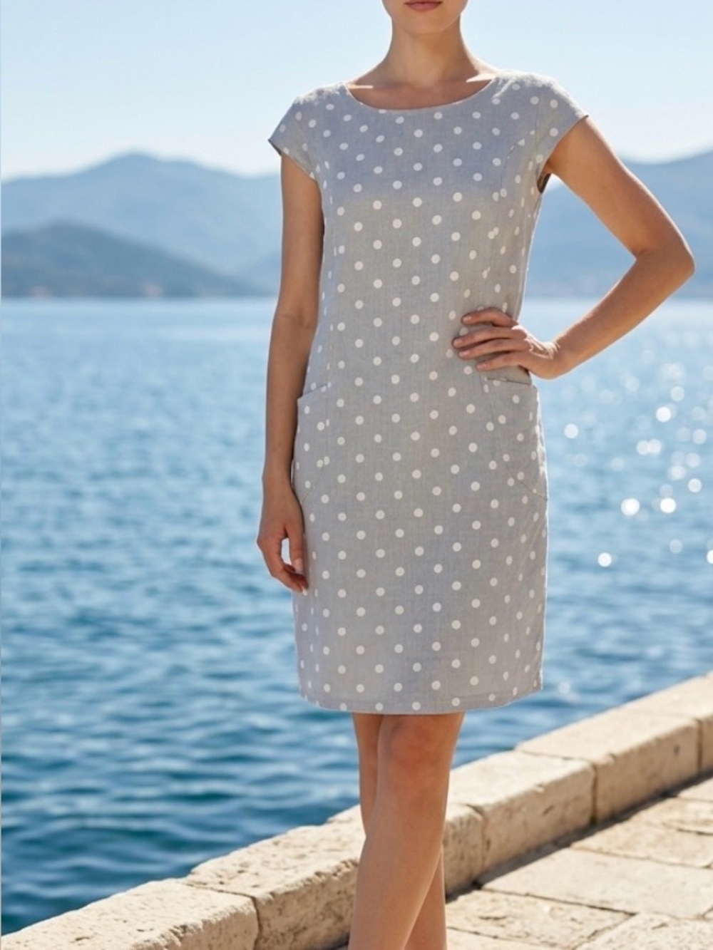 Baci Gray Polka Dot 100% Linen Knee Length Dress Sz L